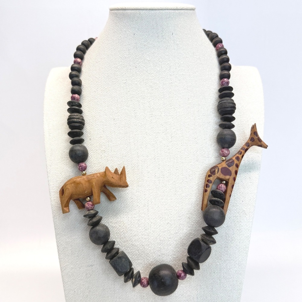 Hand Carved Wood Giraffe Rhino Animal Bead Statement Necklace Black Purple 24in‎